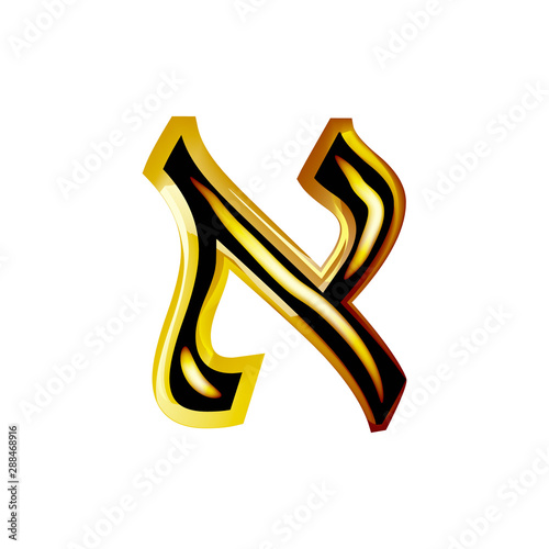 Golden Hebrew Alphabet. Brilliant Hebrew font. Letter gold Aleph. Vector illustration on isolated background..