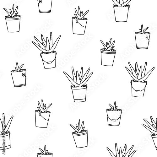 Aloe vera in pots seamless pattern on a white background. Botanical illustration for wallpaper, background, textile, print. Vector pattern in outline style
