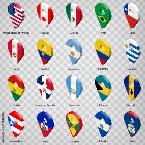 3D geolocation signs of twenty countries Nouth America and South America with inscriptions. Set of  twenty 3d geolocation icons on transparent background. Flags of American countries in the form of lo