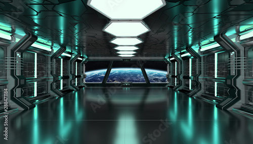 Fototapeta Naklejka Na Ścianę i Meble -  Dark green spaceship futuristic interior with window view on planet Earth 3d rendering