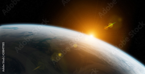 Fototapeta Naklejka Na Ścianę i Meble -  View of planet Earth close up with atmosphere during a sunrise 3D rendering elements of this image furnished by NASA