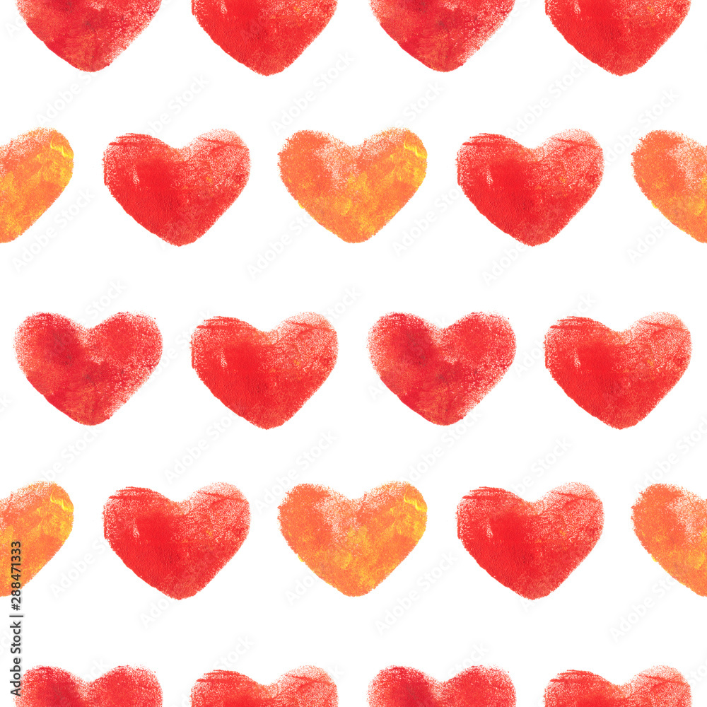 Pattern with colored hearts with watercolor paints. Background for textiles, packaging, notebooks, paper.