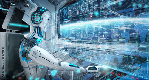 Fototapeta Naklejka Na Ścianę i Meble -  Robot cyborg in a control room flying a white modern spaceship with window view on space and digital graph 3D rendering