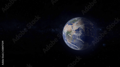 Realistic 3D Rendering of the Planet Earth with the contrast of Night and Day in the Milky Way Galaxy, Background and Wallpaper with Space for Text © Vanessa
