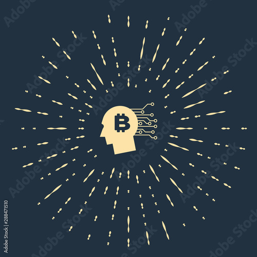 Beige Bitcoin think icon on dark blue background. Cryptocurrency head. Blockchain technology, bitcoin, digital money market, cryptocoin wallet. Abstract circle random dots. Vector Illustration