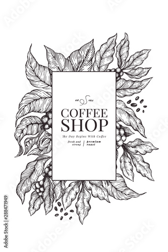 Coffee vector design template. Vintage coffee background. Hand drawn engraved style illustration.