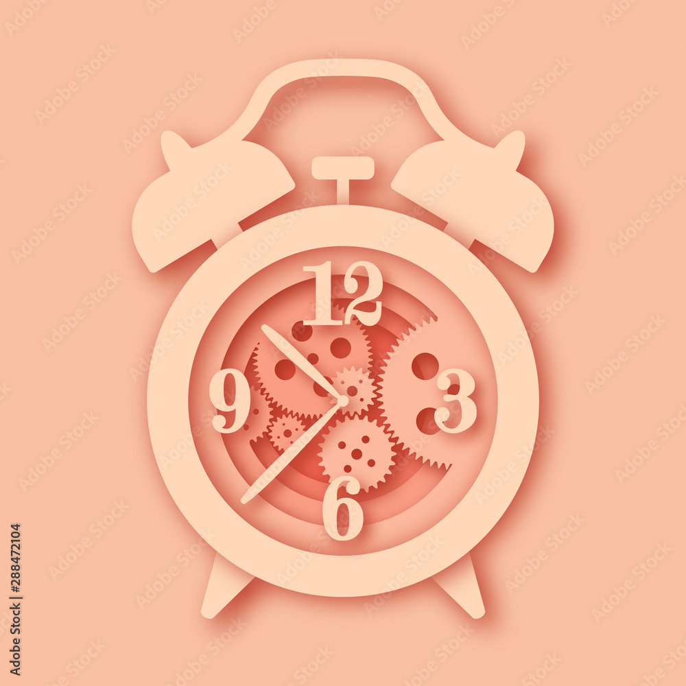 Old alarm clock. Paper style, in layers. The numbers. Arrows, mechanism of action, and gears. Creamy, powdery color with shadows. Old alarm clock. Paper style, in layers. The numbers. Arrows, mechanism of action, and gears. Creamy, powdery color with shadows.