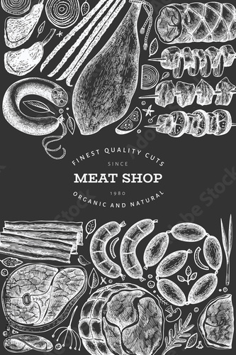 Vintage vector meat products design template. Hand drawn ham, sausages, jamon, steaks, spices and herbs. Raw food ingredients. Retro illustration on chalk board. Can be use for label, restaurant menu.