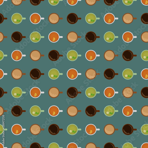 Seamless pattern. Cups with green  black tea  cocoa and black coffee on a dark green background. View from above.