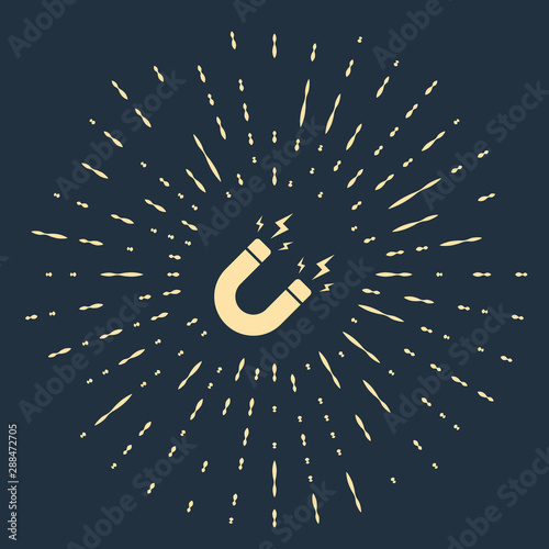 Beige Magnet with lightning icon isolated on dark blue background. Horseshoe magnet, magnetism, magnetize, attraction sign. Abstract circle random dots. Vector Illustration
