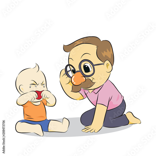 son crying then dad try to kidding by wear a glasses with big nose and fake mustache. happy lovely family smile. vector illustration isolated cartoon hand drawn