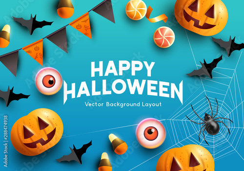 Halloween celebrations with pumpkins, bats and spooky decorations. Vector illustration.