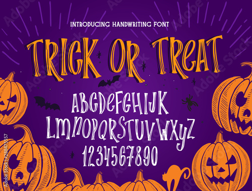 Halloween font. Typography alphabet with colorful spooky and horror illustrations.