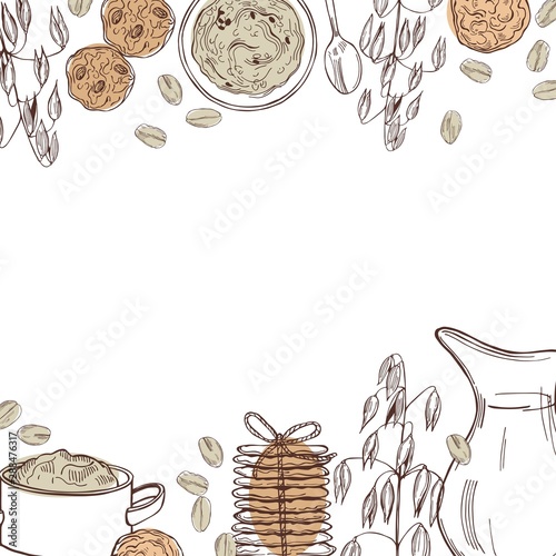 Vector background with oatmeal porridge and cookies. Hand drawn sketch illustration
