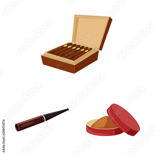 Vector illustration of cigarette and tobacco symbol. Collection of cigarette and nicotine stock symbol for web.