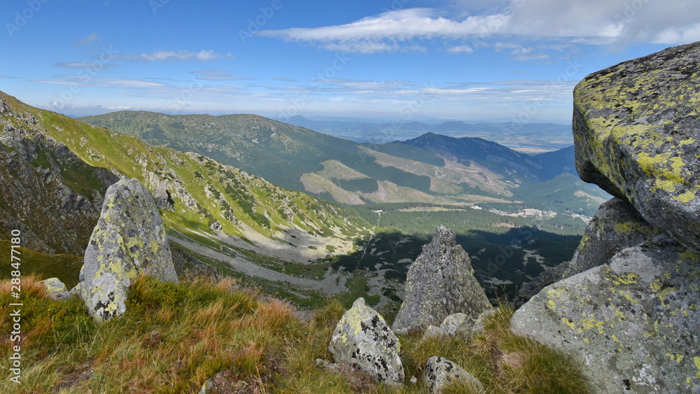 Mountain landscape from hill Chopok in the ski resort Jasna, Low Tatras, Slovakia. High Tatras in the background. Mountain landscape from hill Chopok in the ski resort Jasna, Low Tatras, Slovakia. High Tatras in the background.