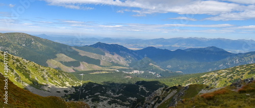Mountain landscape from hill Chopok in the ski resort Jasna, Low Tatras, Slovakia. High Tatras in the background.