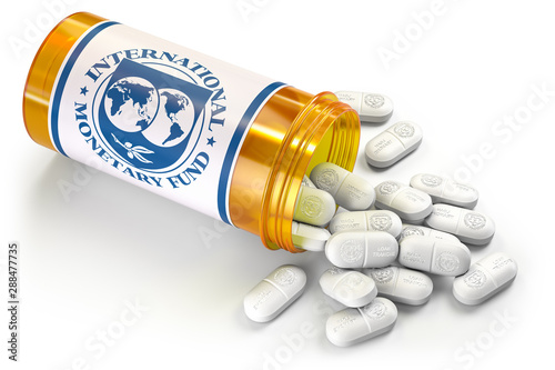 IMF International Monetary Fund tranches concept. Pack of dollars as pills in blister pack.