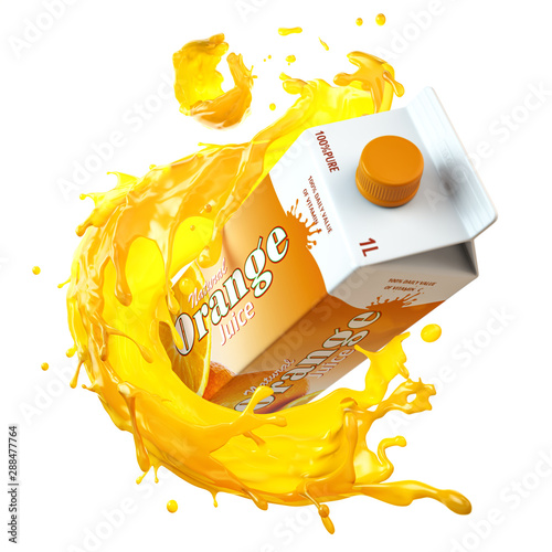 Orange juice carton cardboard box and splashon orange juice isolated on white, photo