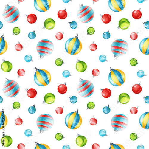 Watercolor bright seamless pattern with different glass balls in a vintage style in red, green and gold colors. Can be used as Christmas design for wrapping, postcards, and textile