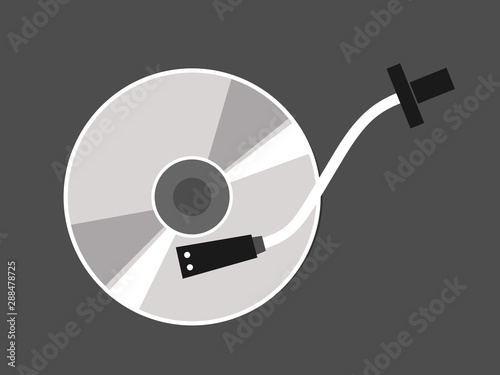 Record player and turntable for compact disc. Merger of old retro vintage technology and modern media for listening the music. Minimalist vector illustration isolated on white.