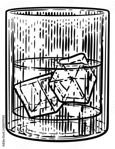 A drink with ice on the rocks in a glass in a vintage retro woodcut engraved or etched style