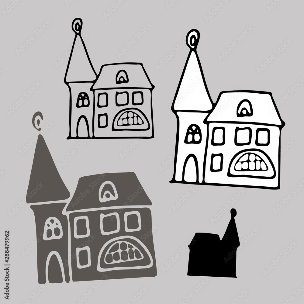 Isolated black and white silhouettes of fairytale houses.