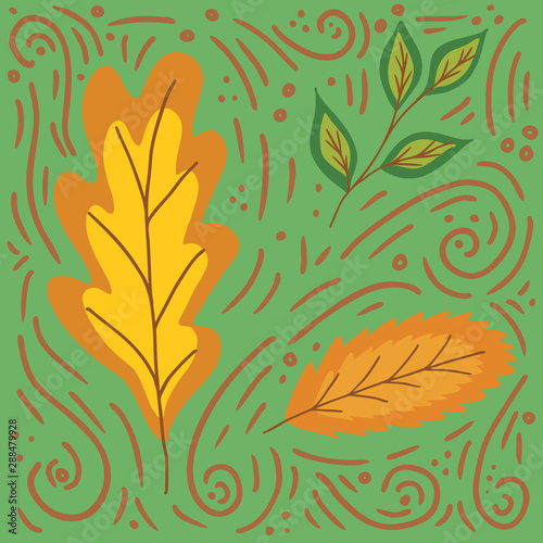 Autumn yellow and brown leaves in doodle style on a green background, vector