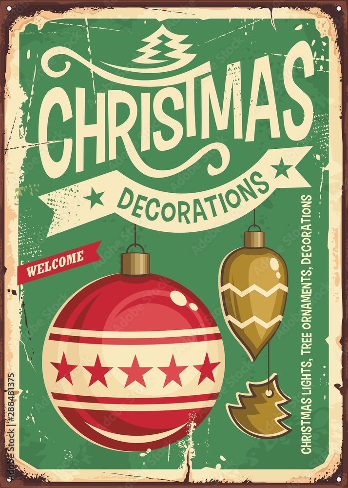 Christmas ornaments sale vintage tin sign. Hanging Christmas baubles on retro green background. Festive decorations for holiday event. Vector illustration. - obrazy, fototapety, plakaty 