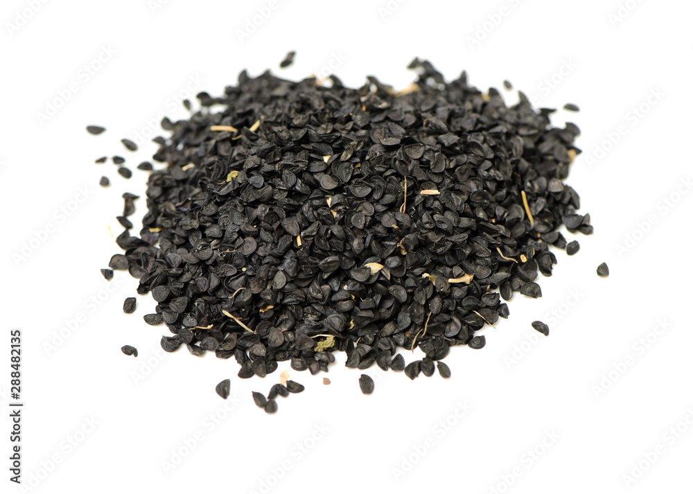Black green onion seed on white background. Black green onion seed on white background.
