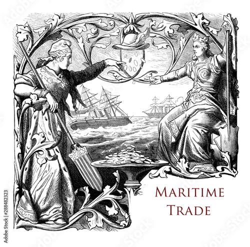 Bild auf Leinwand Typography: maritime trade chapter 19th century decorated by ships, money,mythol