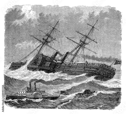 Paddle steamer crossing an American river with stormy weather