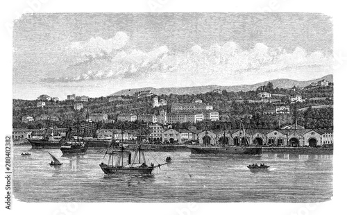 Billede på lærred View of the Lloyd arsenal repair shipyard, docks and dry docks in the bay of Bar