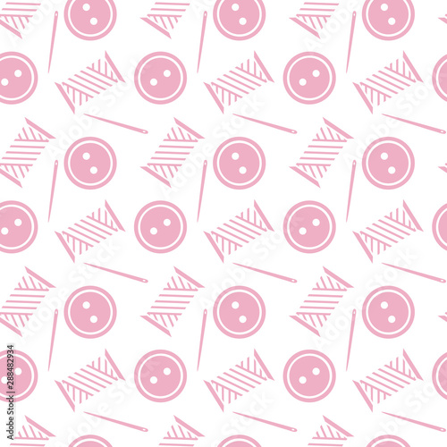 seamless vector pattern of sewing supplies. The spool of thread, needle and button in the flat style. Ideal for packaging paper, fabric. Suitable for the design  for tailoring and atelier