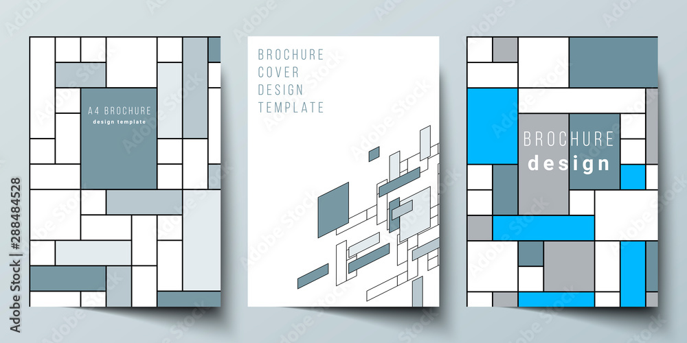 The vector layout of A4 format modern cover mockups design templates for brochure, flyer, booklet, annual report. Abstract polygonal background, colorful mosaic pattern, retro bauhaus de stijl design.