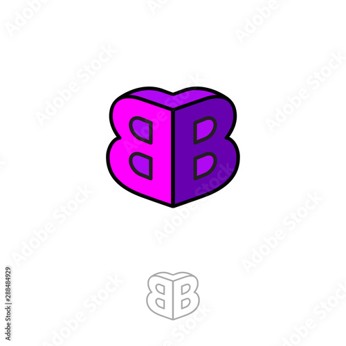 BB logo. Two letters are connected as the volume figure. Double B letters. Pink emblem like 3D. Monochrome option.