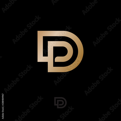 D and P monogram. D, P logo. Linear gold letters on on a black background.  The minimalist style.