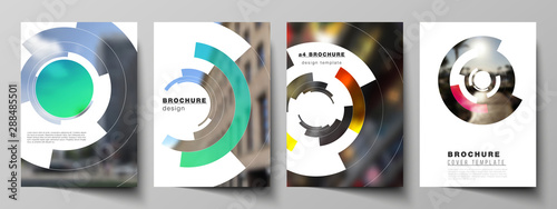 The vector layout of A4 format modern cover mockups design templates for brochure, magazine, flyer, report. Futuristic design circular pattern, circle elements forming geometric frame for photo.