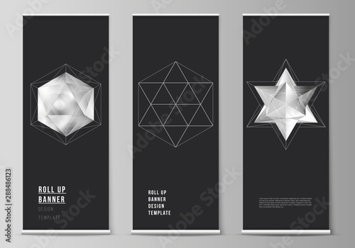 The vector layout of roll up banner stands, vertical flyers, flags design business templates. 3d polygonal geometric modern design abstract background. Science or technology vector illustration.