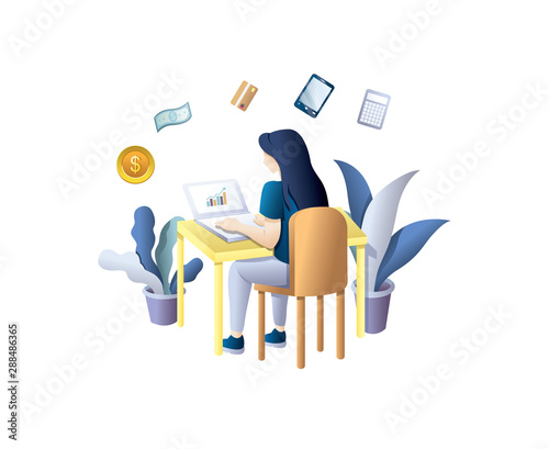 Finance and engineering graph of economics. Woman in front of the laptop observes the economic graph, coin, money, mobile, payment. Financial consulting, investment and savings. Vector illustration