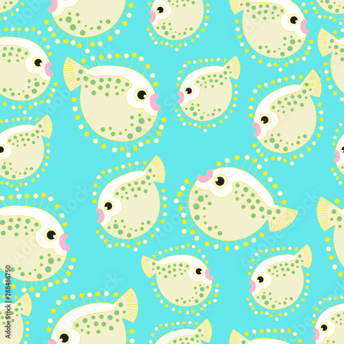Puffer fish seamless pattern on blue green background. 