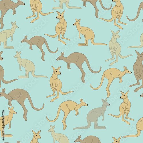 Kangaroo seamless pattern on blue green background. 