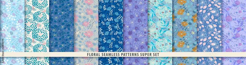 Floral seamless pattern set. Flowers and leaves.. Blue vector background. Summer and spring print - obrazy, fototapety, plakaty 