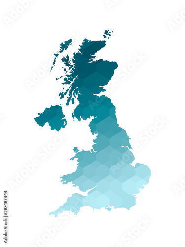 Vector isolated illustration icon with simplified blue silhouette of United Kingdom of Great Britain and Northern Ireland (UK) map. Polygonal geometric style. White background