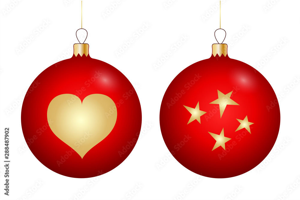 Set of Christmas toys in red with a gold pattern