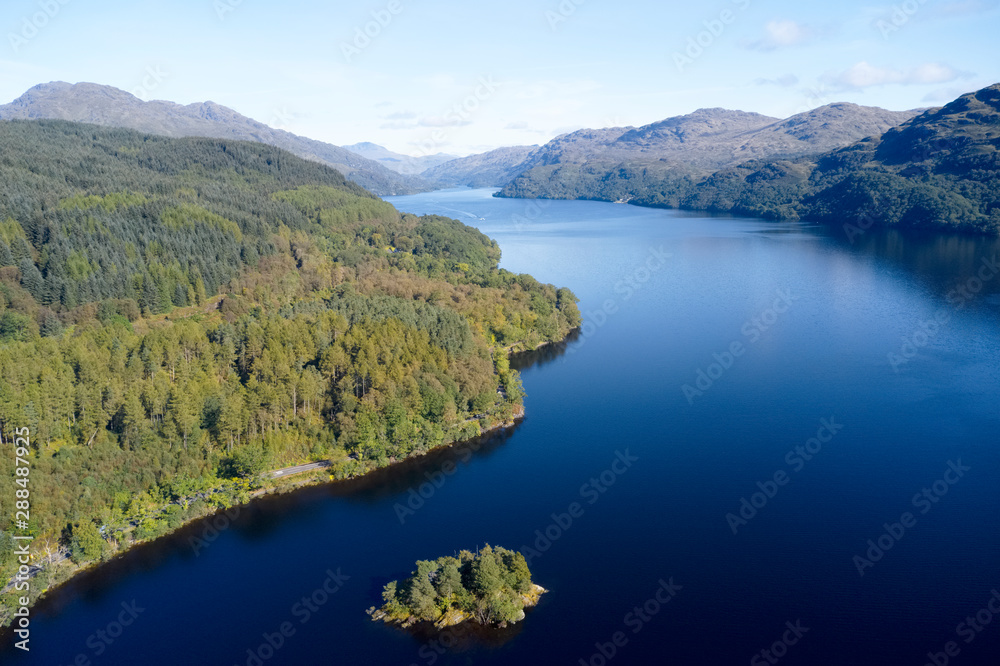 Loch Lomond aerial birdseye view from above showing islands in the Highlands Scotland UK