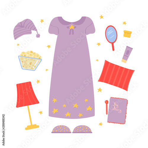 Clothing and accessories for a pajama party. A relaxed evening. Objects isolated on a white background. Vector illustration in cartoon style