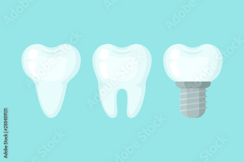 Fototapeta Naklejka Na Ścianę i Meble -  Cute teeth colorful set with different tooth form. Cartoon vector tooth isolated illustration.
