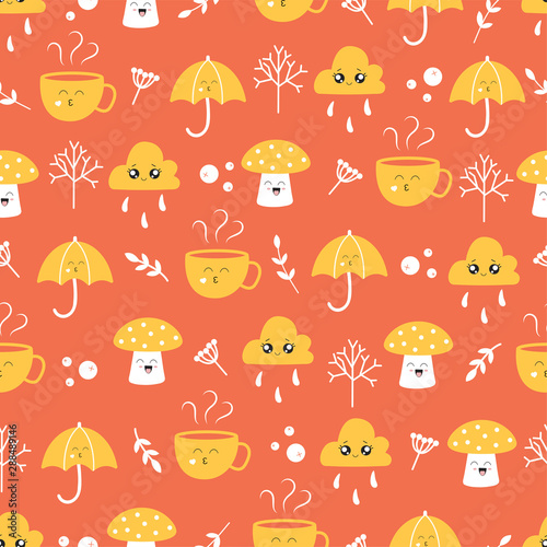 Seamless pattern with autumn objects in kawaii style
