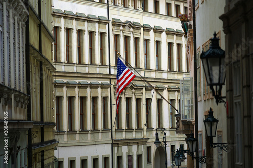 United States flag in front of U.S. Embassy, Prague, Czech Republic